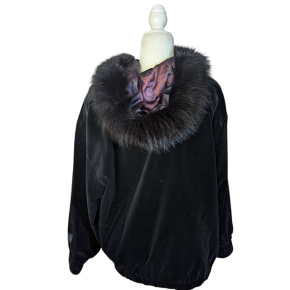 Vtg Braefair Black Velvet Real Fox Fur Trimmed Hooded Bomber Jacket Sz L - Picture 5 of 10